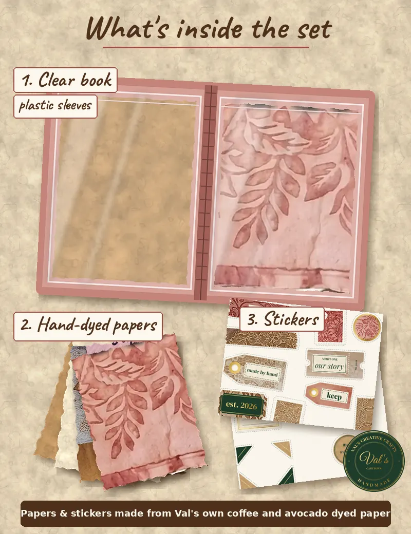 Flat-lay: an open clear book with plastic sleeves, a fan of Val's coffee and avocado dyed papers, and sticker sheets made from her papers